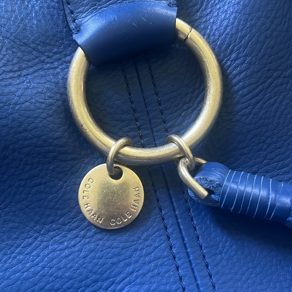 Blue Leather Tassel Tote Bag with Gold Ring Accent - Picture 2 of 5
